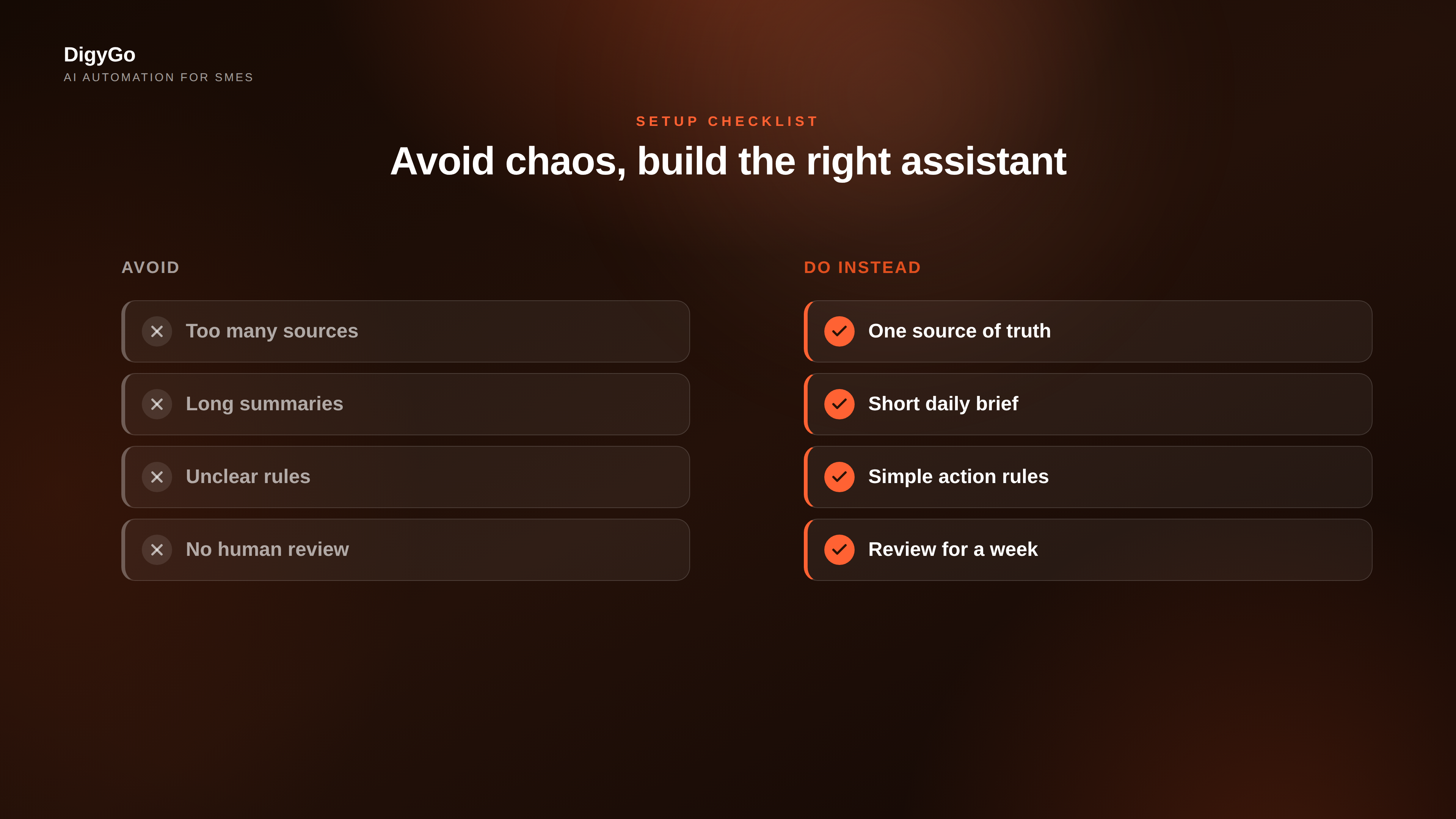 Checklist of what to avoid and what to do when setting up an AI operations assistant