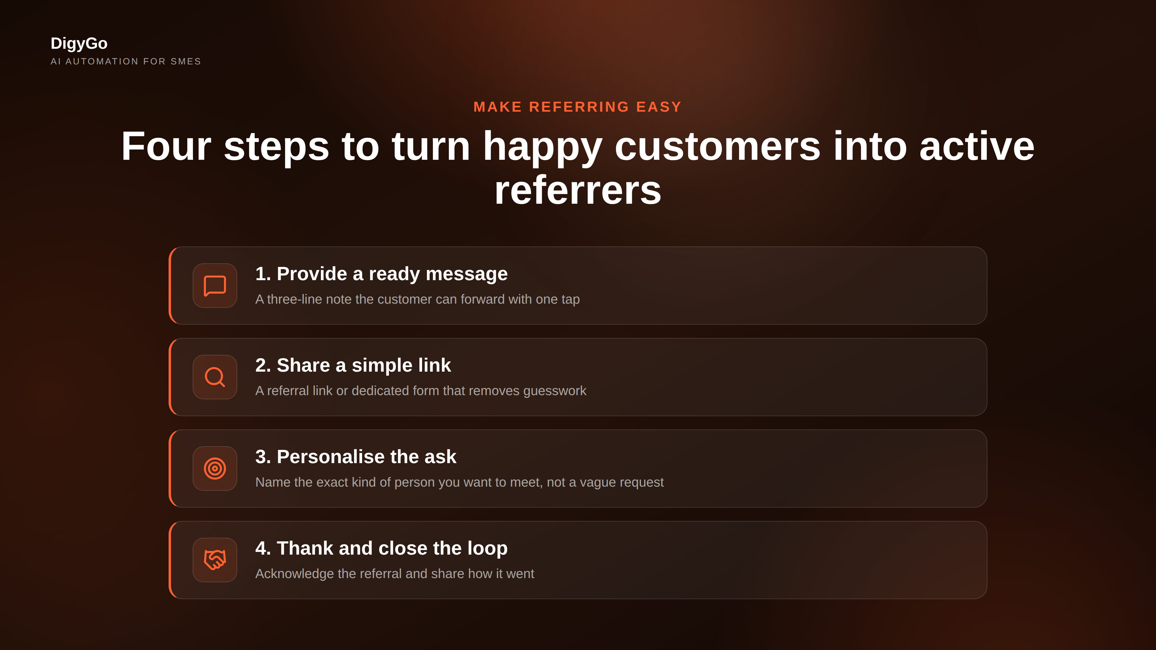 Four-step system for making referrals easy: time it right, personalise, provide the tool, thank with impact